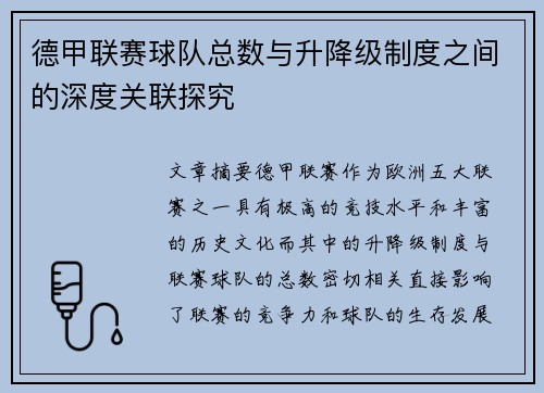 德甲联赛球队总数与升降级制度之间的深度关联探究